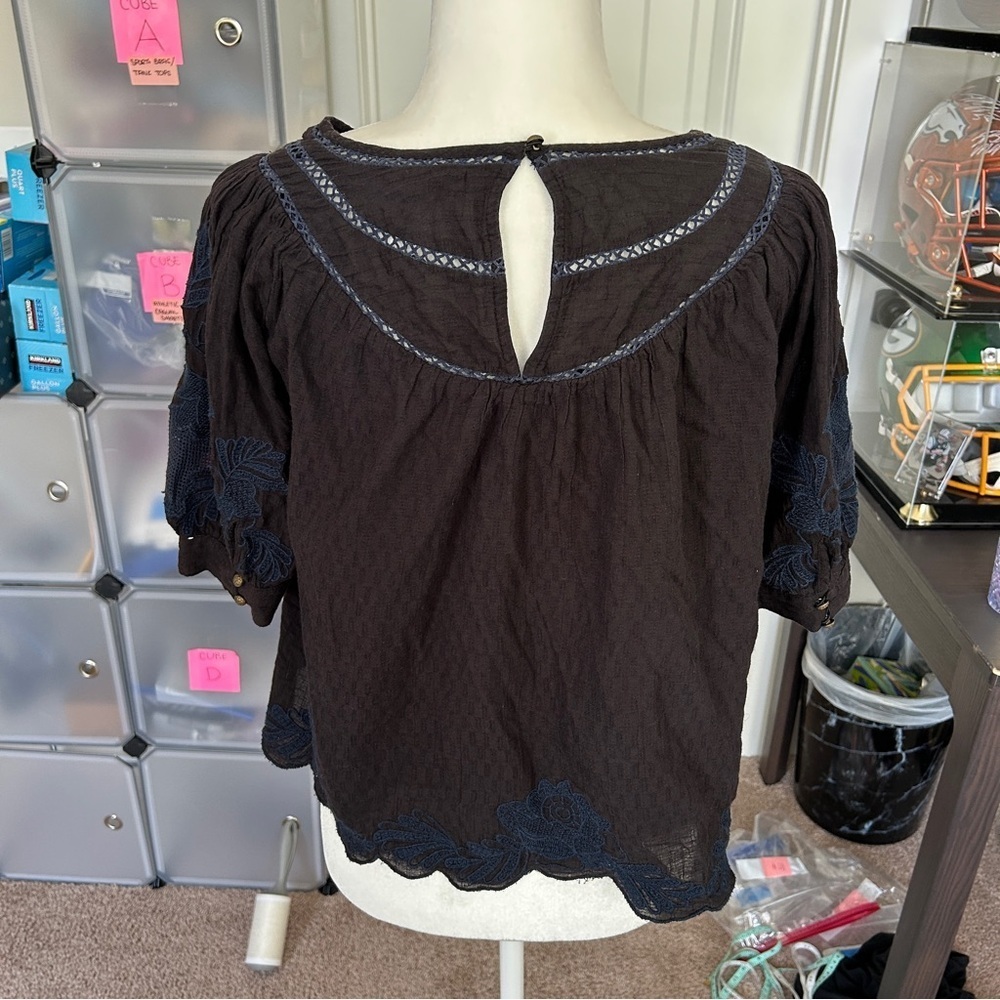 Anthropologie Black Navy Salma Embroidered Lined Peasant Blouse Size 0 - Picture 8 of 12